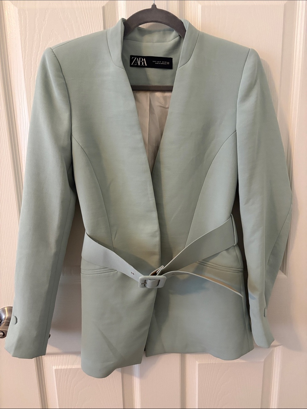 Zara Light Mint Green Belted Open-Front Blazer